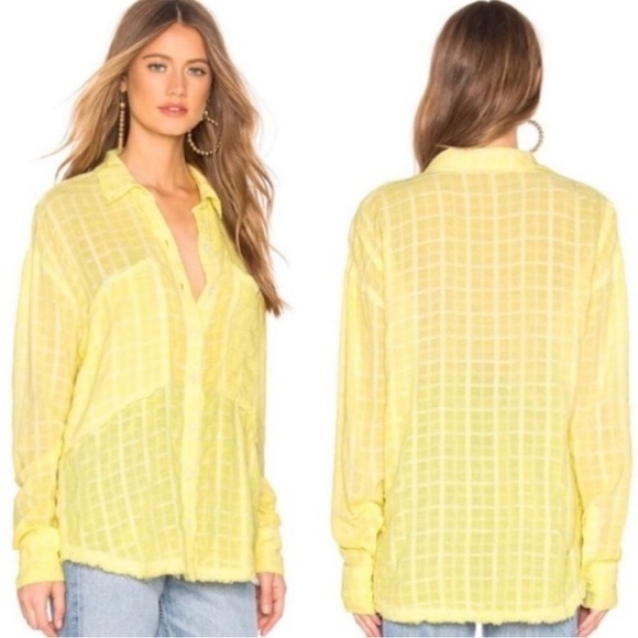 Free People Loveland Woven Plaid Button Down Shirt Citron Yellow - Picture 12 of 12
